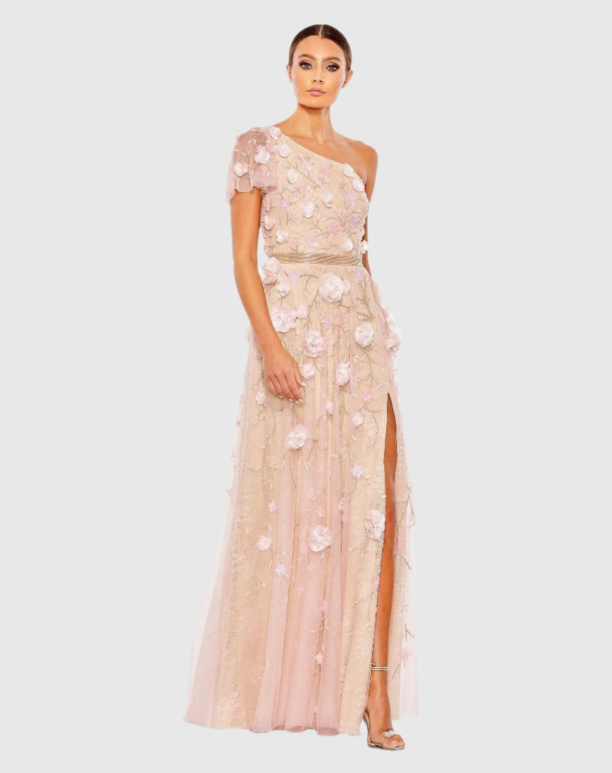 Pink Floral Embellished One Shoulder A Line Gown