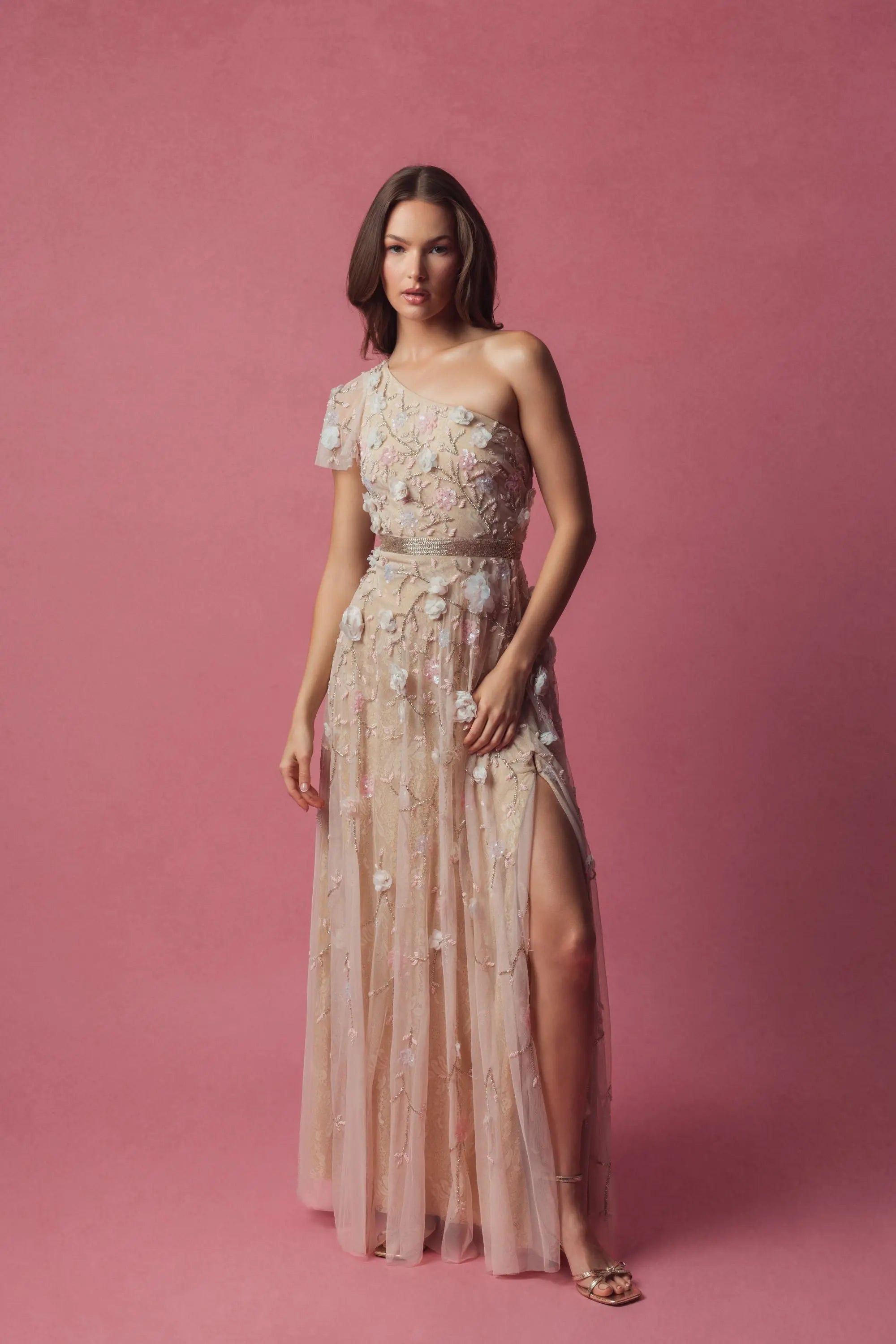 Pink Floral Embellished One Shoulder A Line Gown