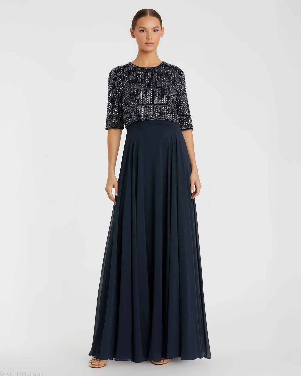 Navy Chiffon Gown w/ Fully Beaded 3/4 Sleeve Top