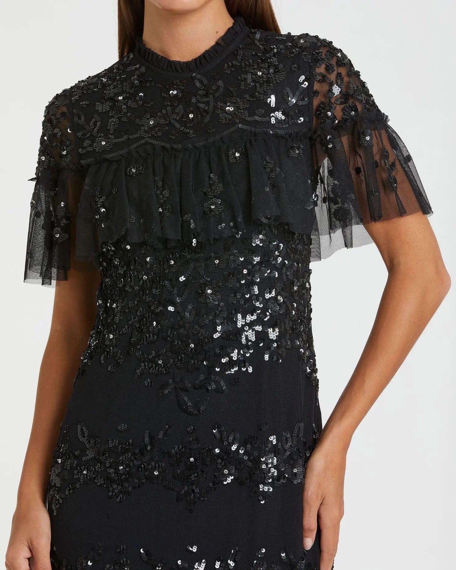 Black Sequined High Neck Ruffled Midi Dress