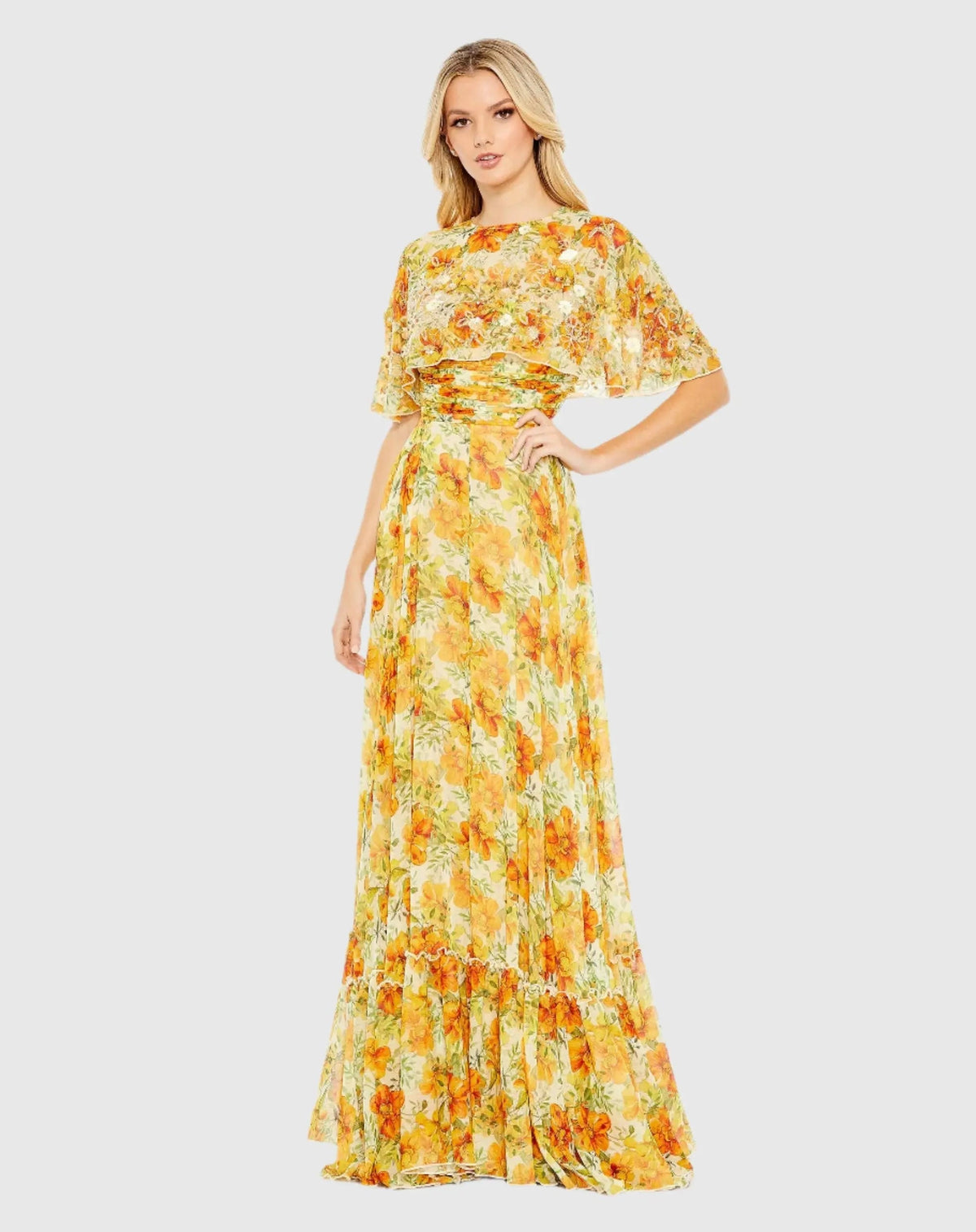 Yellow High Neck A-Line Floral Gown with Cape Sleeves