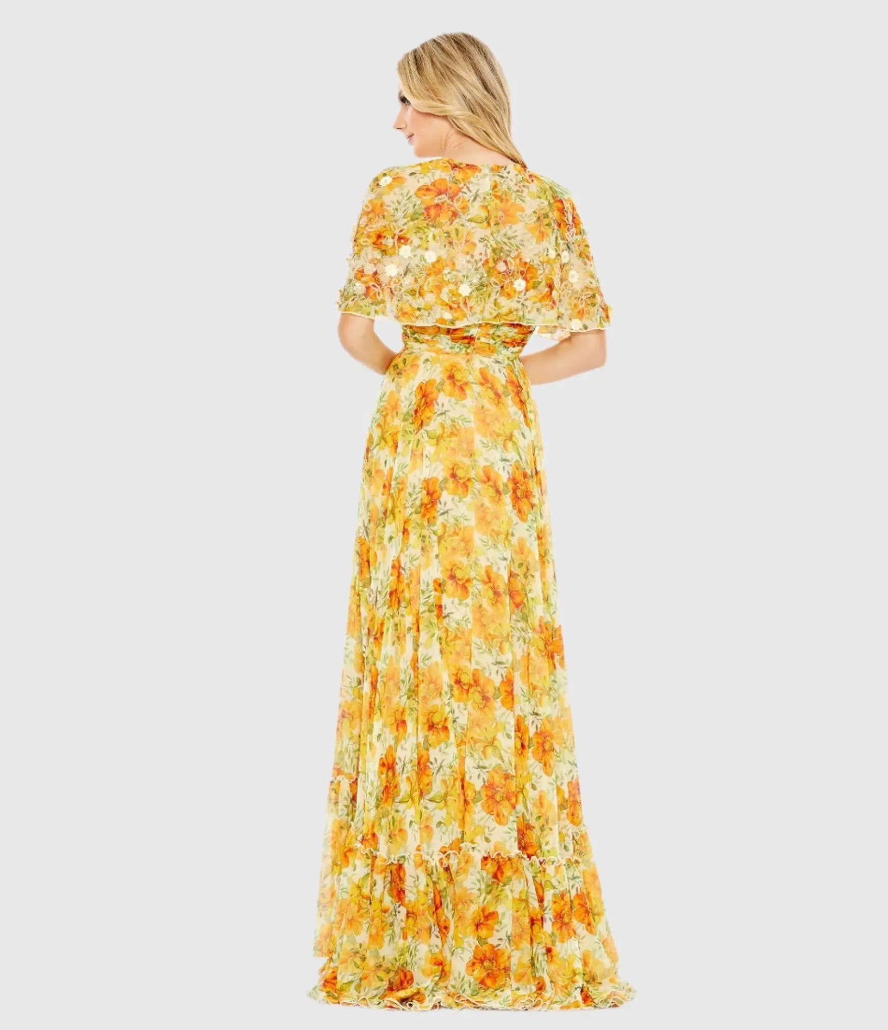 Yellow High Neck A-Line Floral Gown with Cape Sleeves