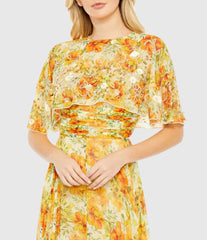 Yellow High Neck A-Line Floral Gown with Cape Sleeves