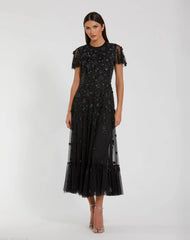 Black Embellished High Neck Flutter Sleeve A Line Dress