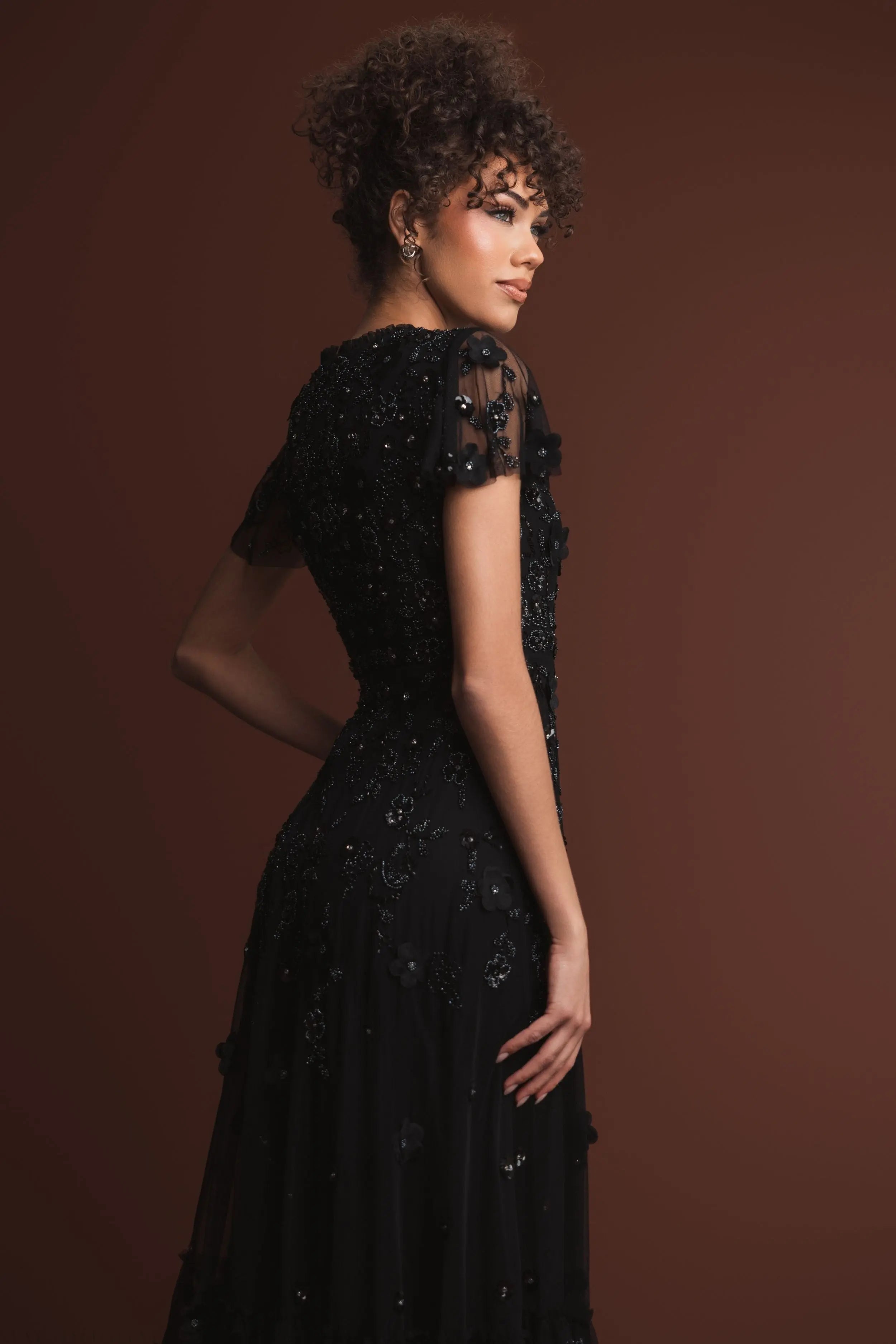 Black Embellished High Neck Flutter Sleeve A Line Dress