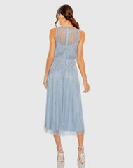 Blue High Neck Sleeveless Embellished A Line Cocktail Dress
