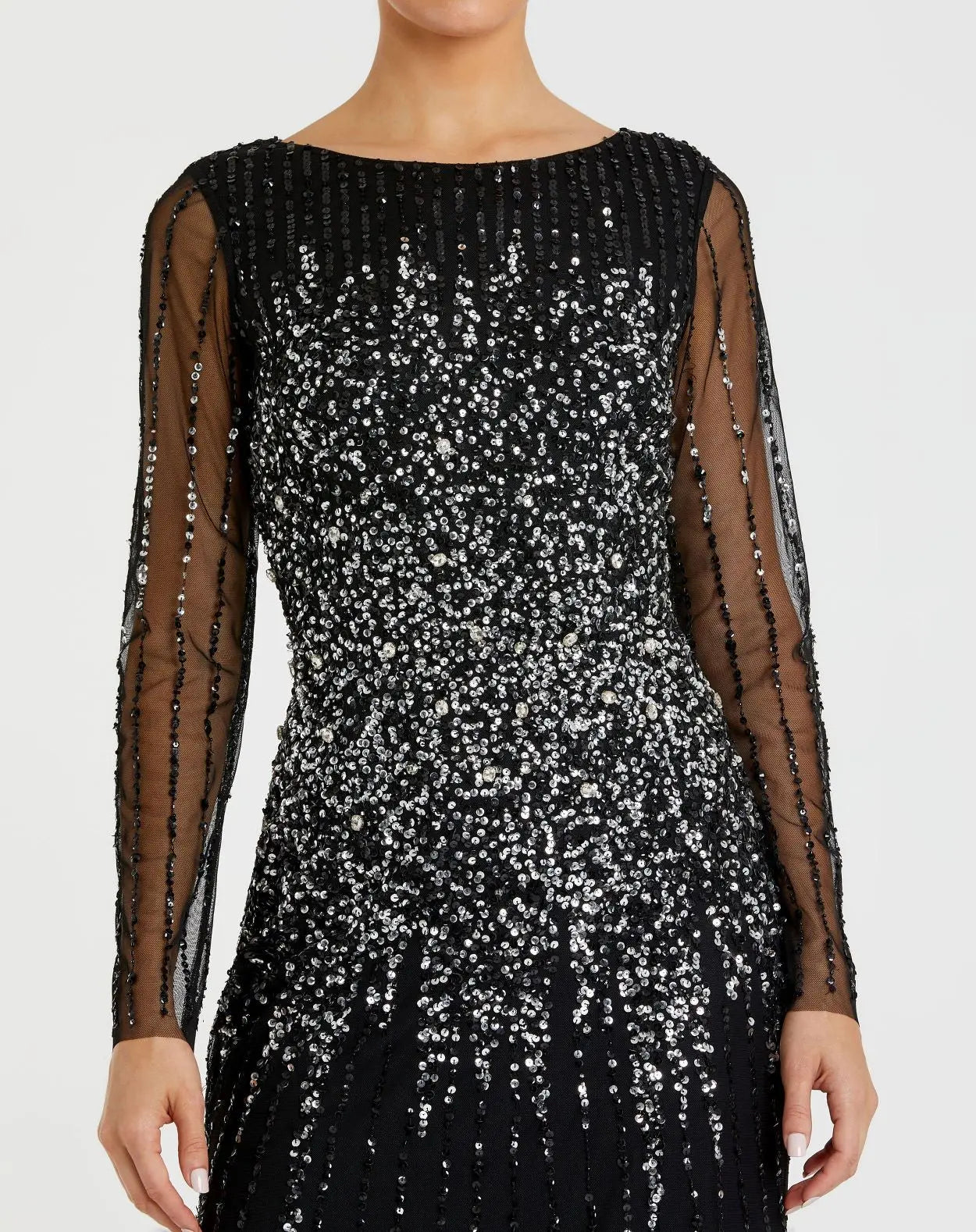 Black High Neck Sequin Embellished Long Sleeve A Line Gown