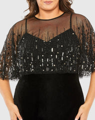 Black Sleeveless Velvet Gown With Embellished Cape (Plus)