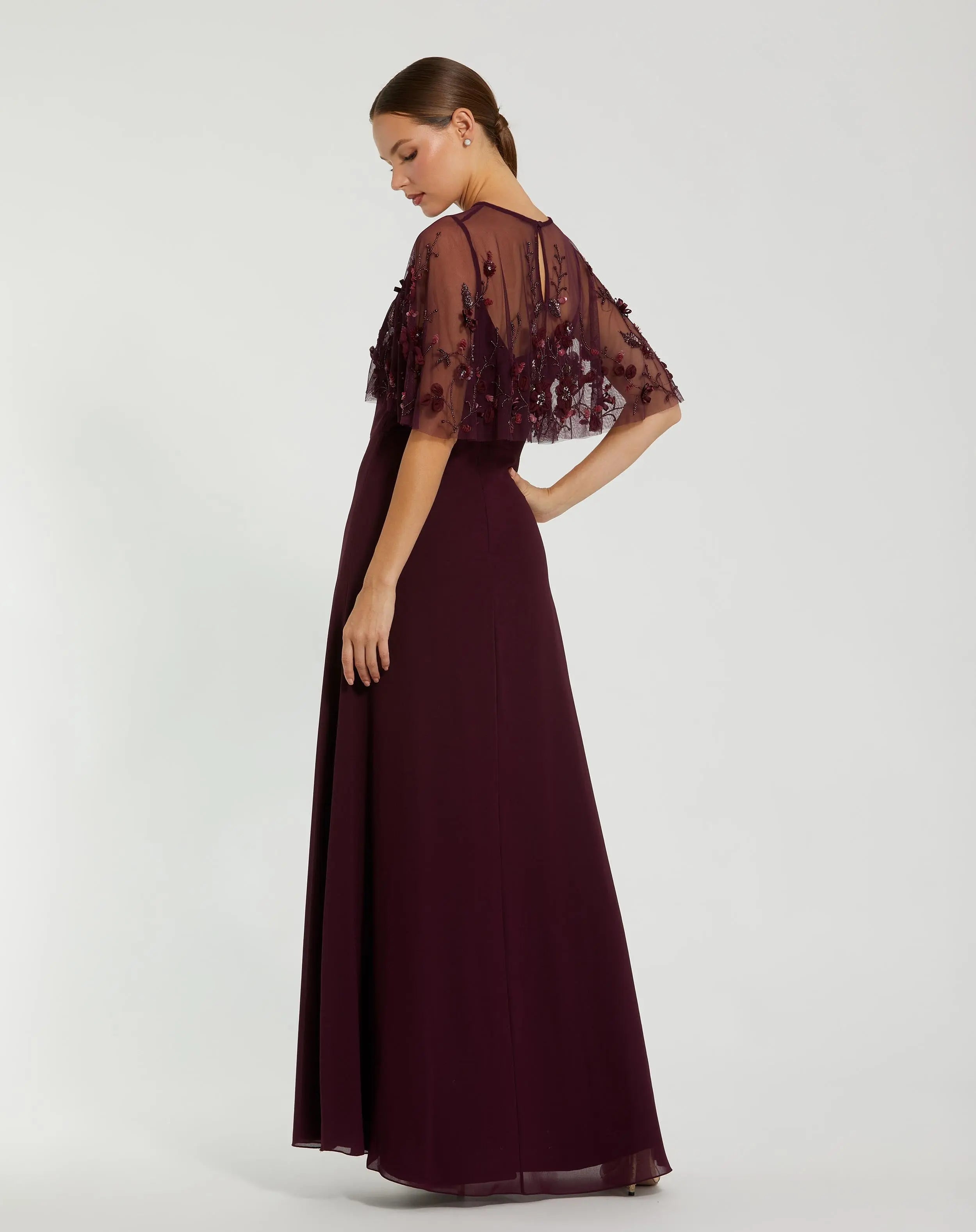 Burgundy Sleeveless Gown With Embellished Cape