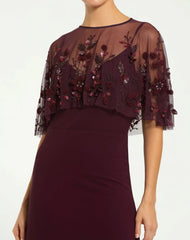Burgundy Sleeveless Gown With Embellished Cape