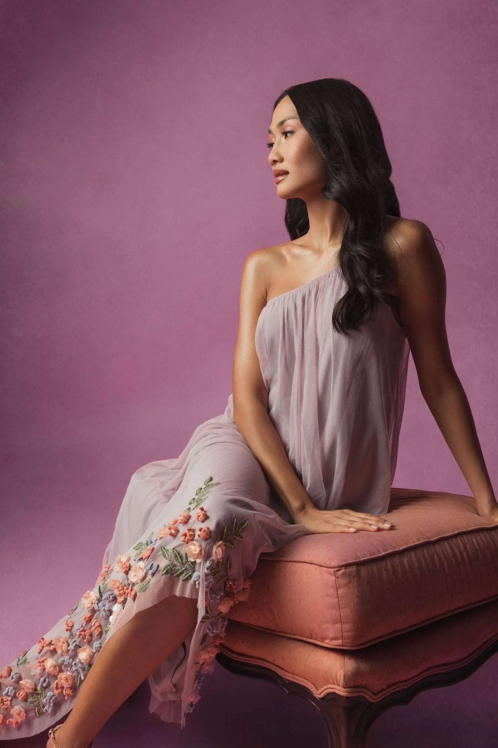 Purple One Shoulder Embellished Trapeze Gown