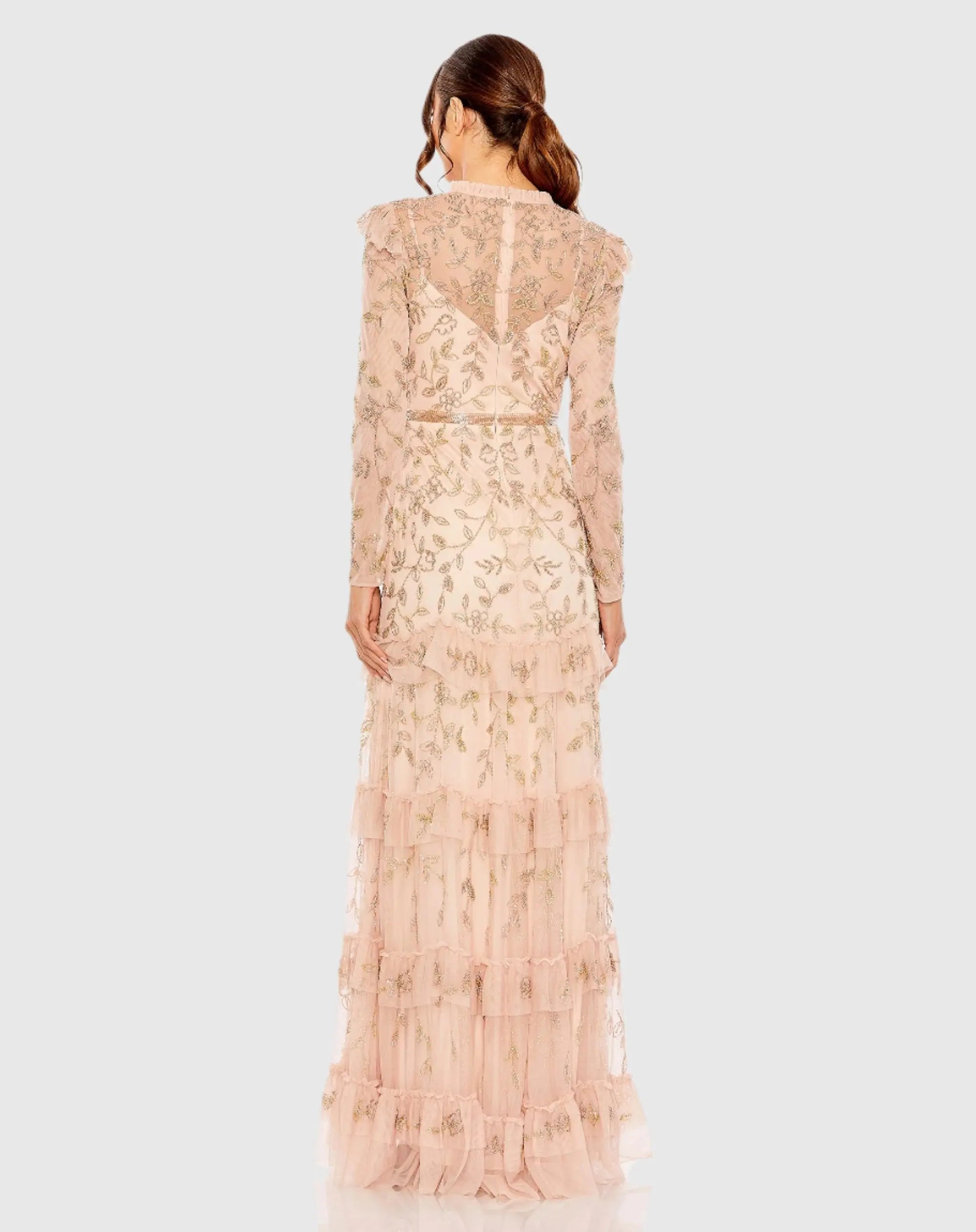 Pink High Neck Flutter Cap Long Sleeve Tiered Embellished Gown