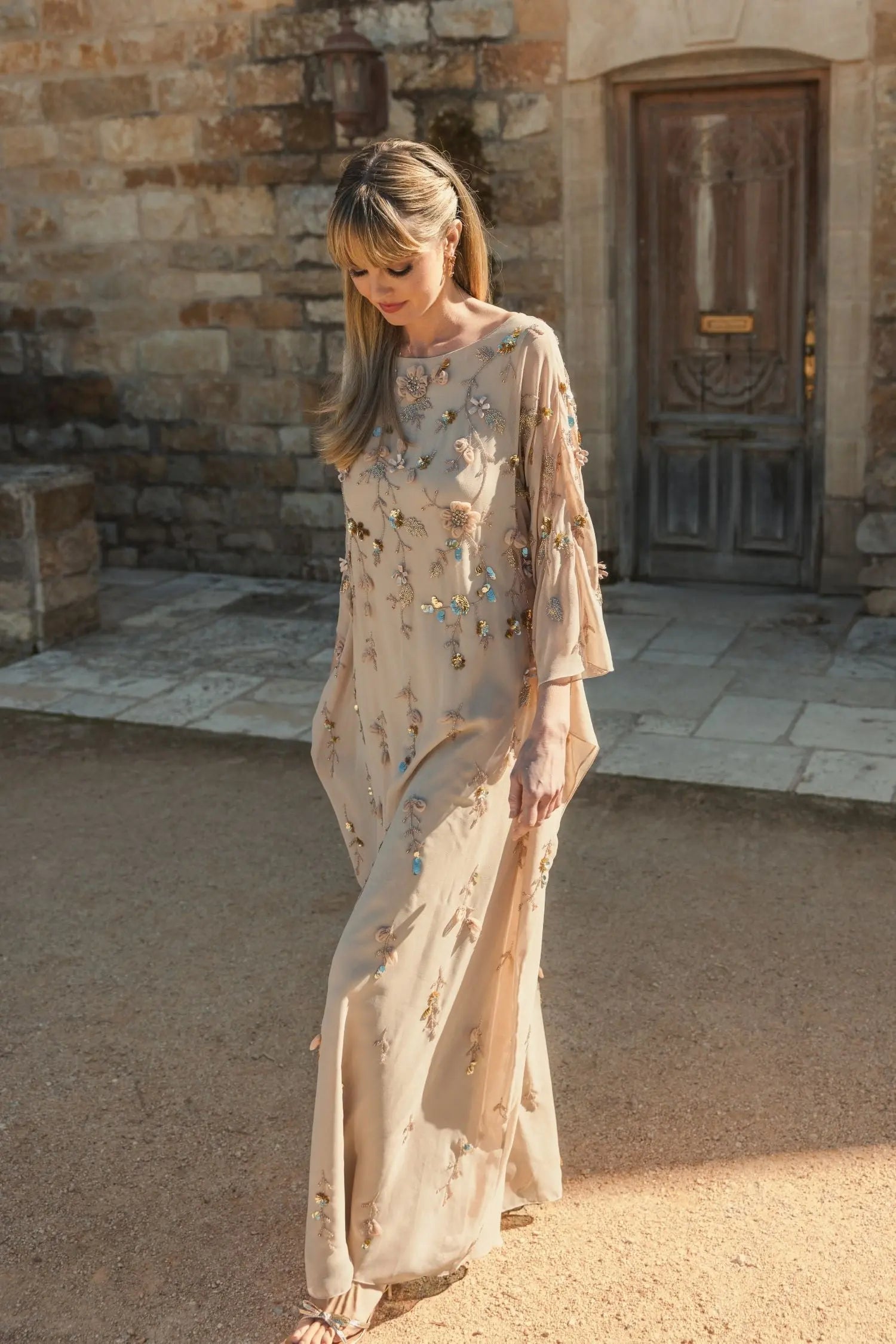 Beige Floral Embellished Kaftan Gown