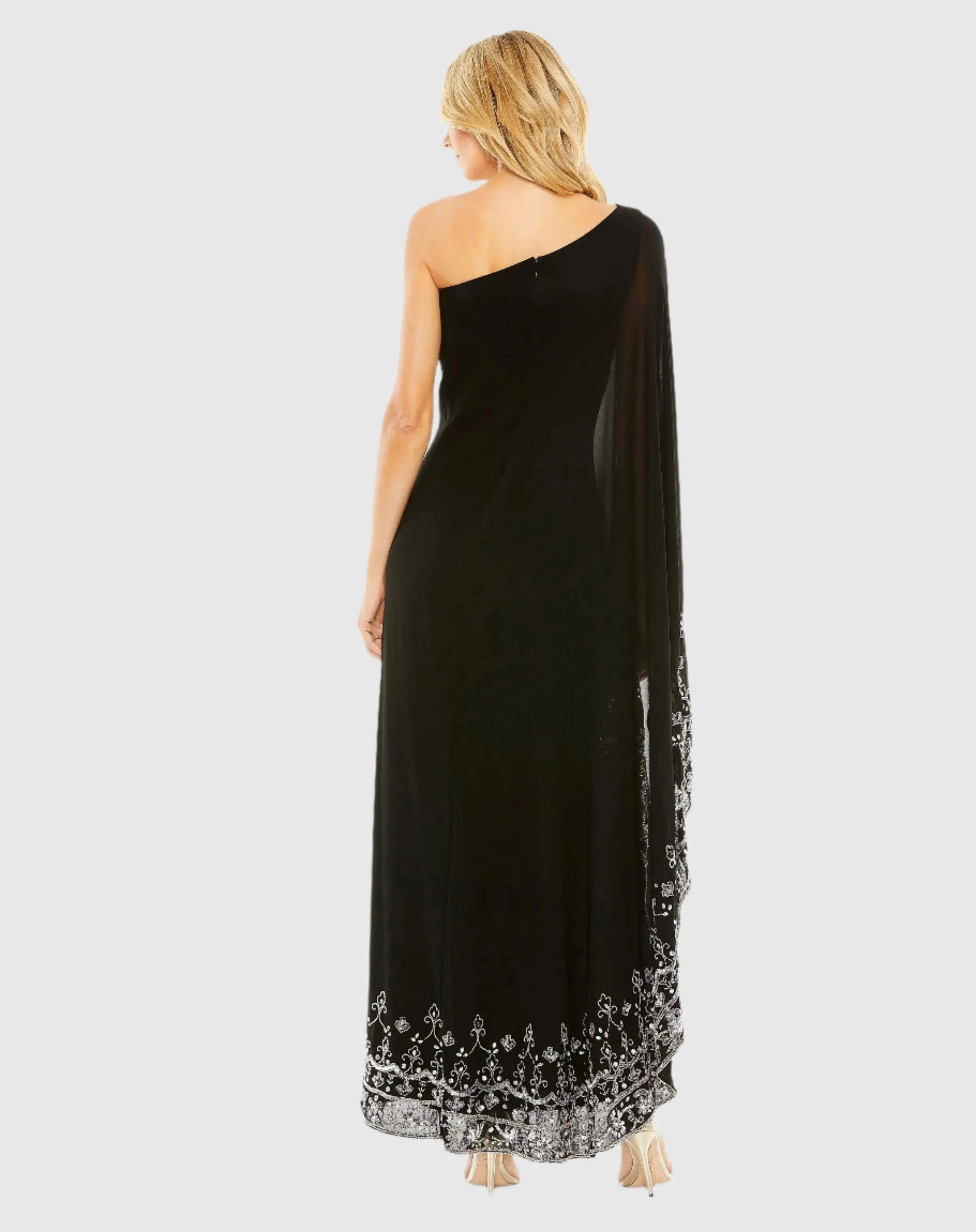 Black One Shoulder Embellished Trapeze Gown