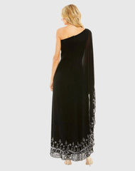 Black One Shoulder Embellished Trapeze Gown