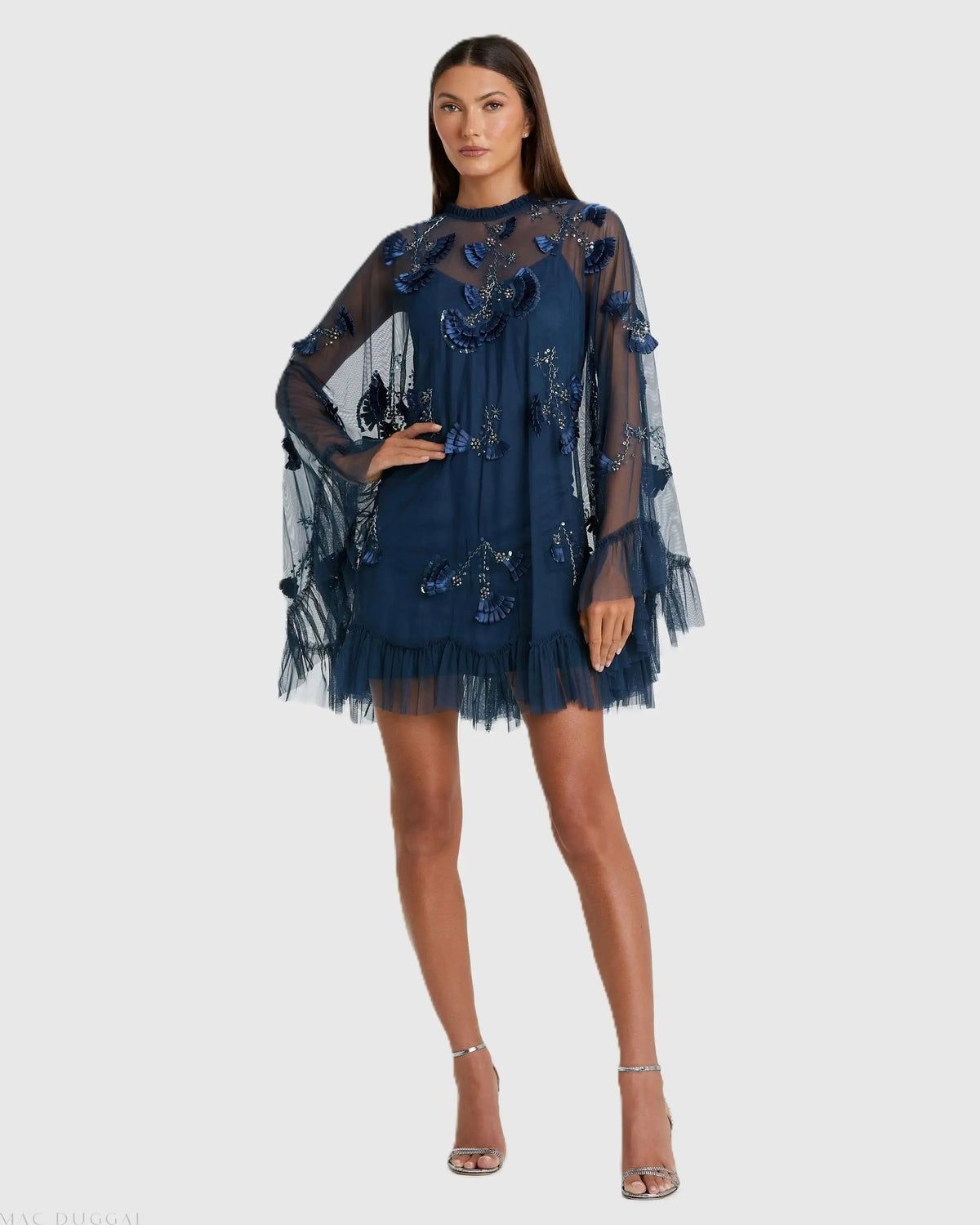 Navy Embellished Long Flare Sleeve Mesh A-Line Dress
