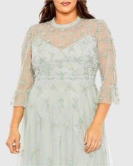 Embellished High Neck Sage Green Dress (Plus)