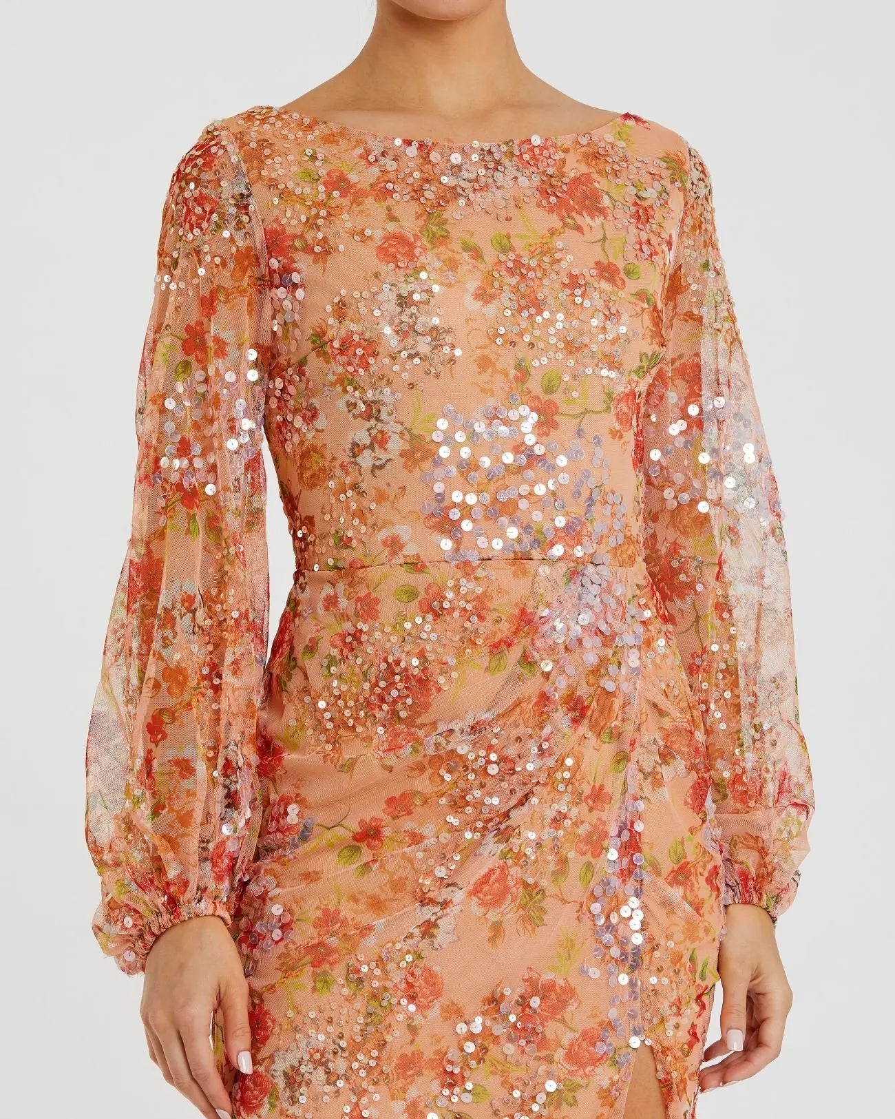 Orange Floral Print Sequined Puff Sleeve Gown