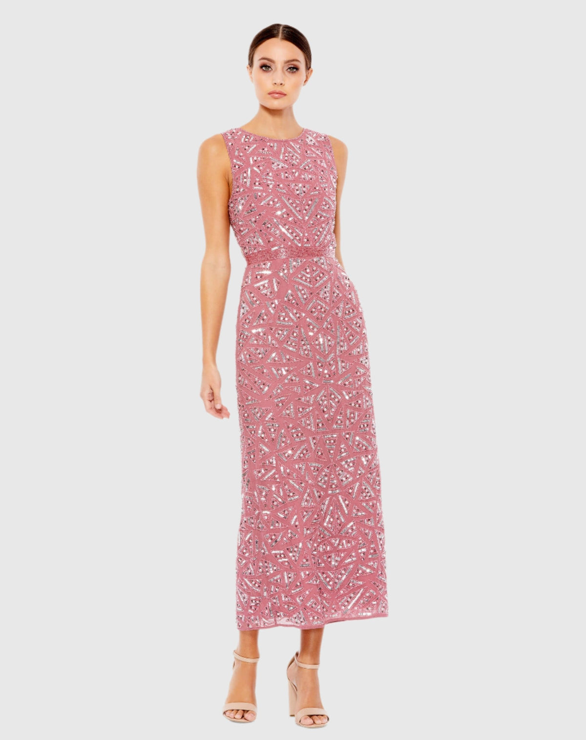 Pink Geometric Patterned Sequin Midi Dress