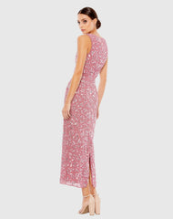Pink Geometric Patterned Sequin Midi Dress