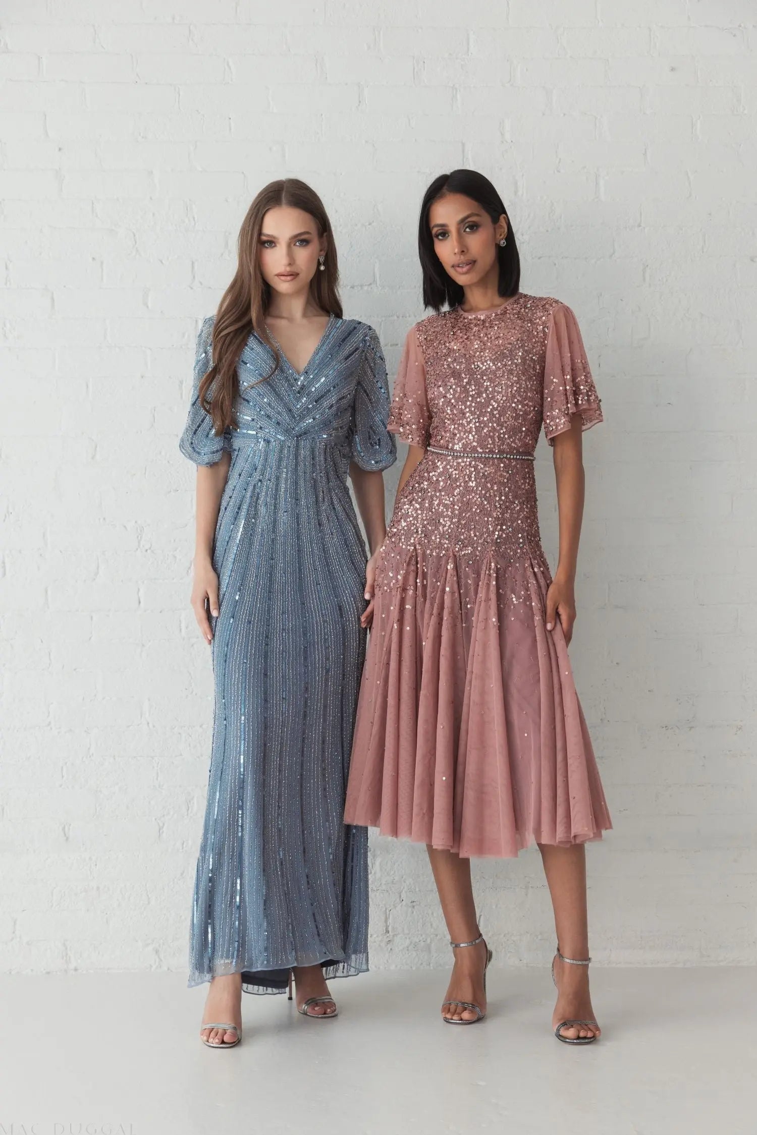 Pink Flutter Sleeve Beaded Tea Length Drop Waist Dress