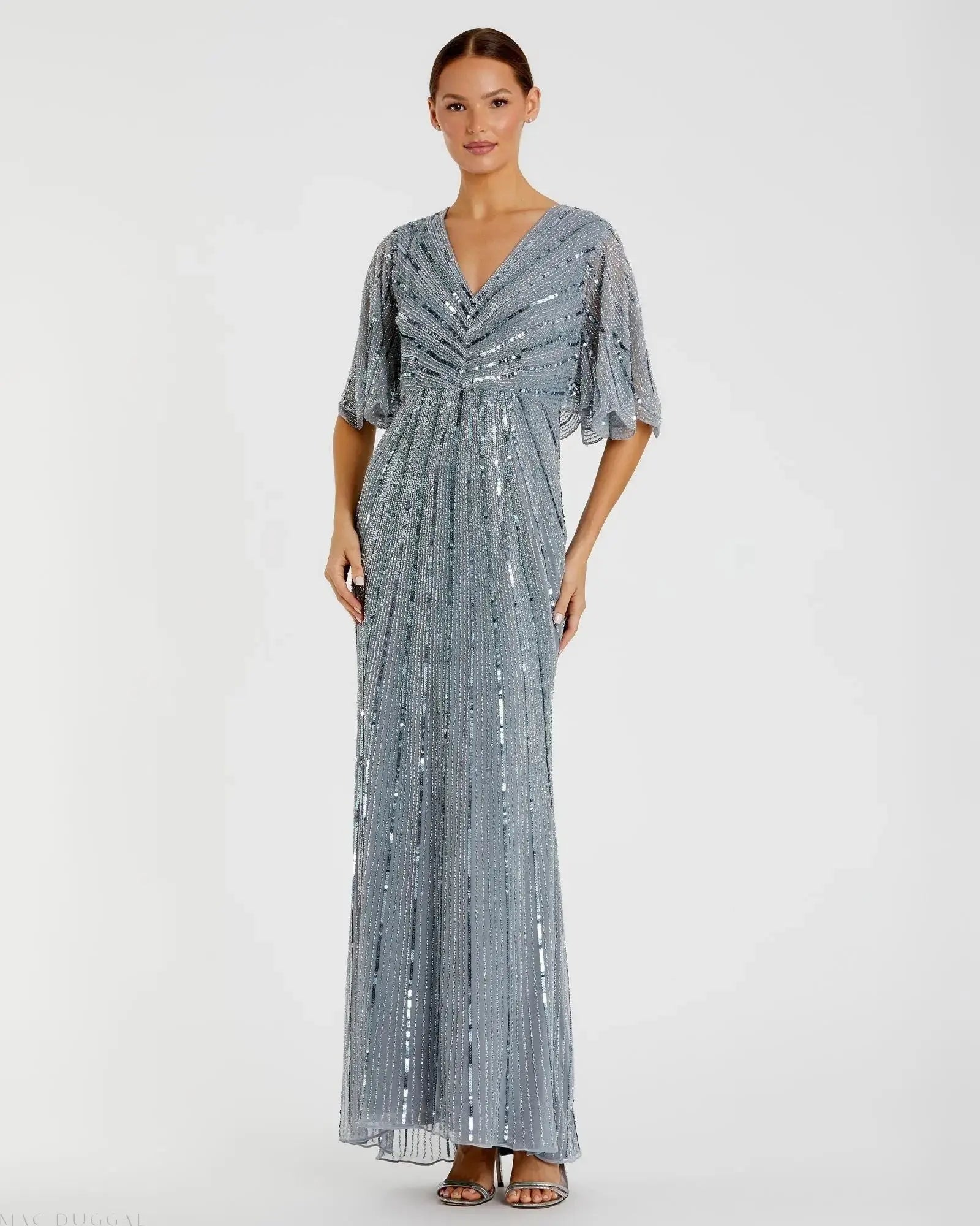 Sequined V Neck Cape Sleeve Column Gown