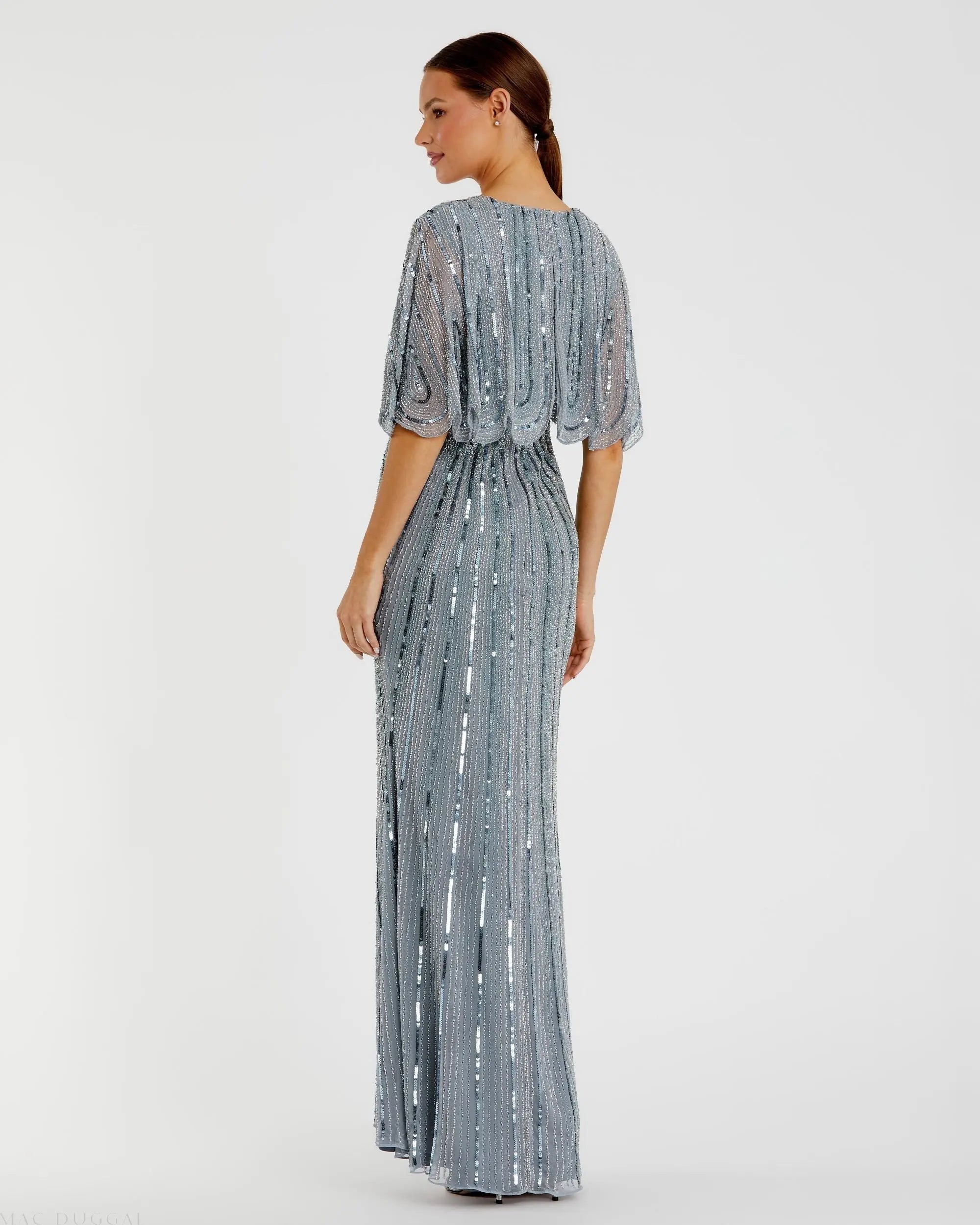 Blue Sequined V Neck Cape Sleeve Gown - FINAL SALE