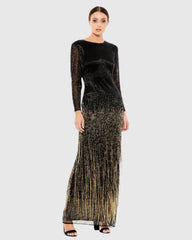 Black Long Sleeve Beaded Fringe Evening Gown