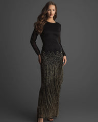 Black Long Sleeve Beaded Fringe Evening Gown