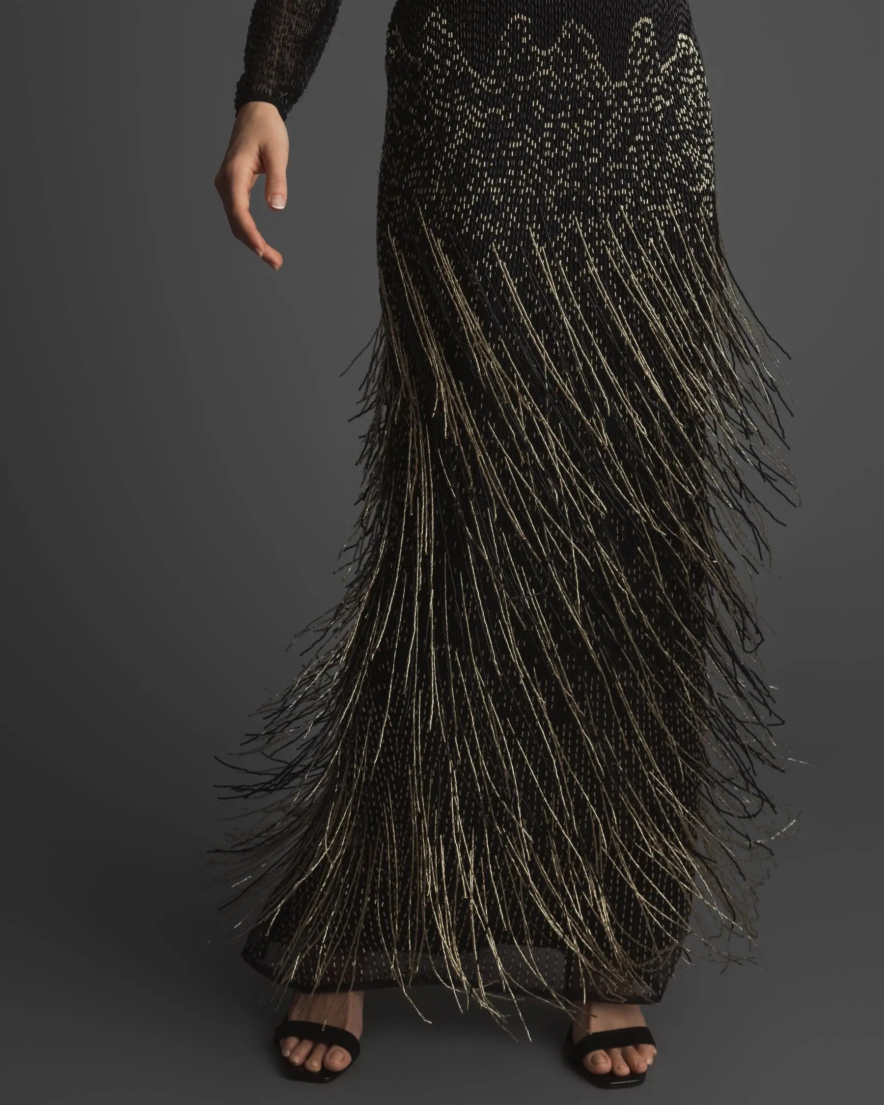 Black Long Sleeve Beaded Fringe Evening Gown