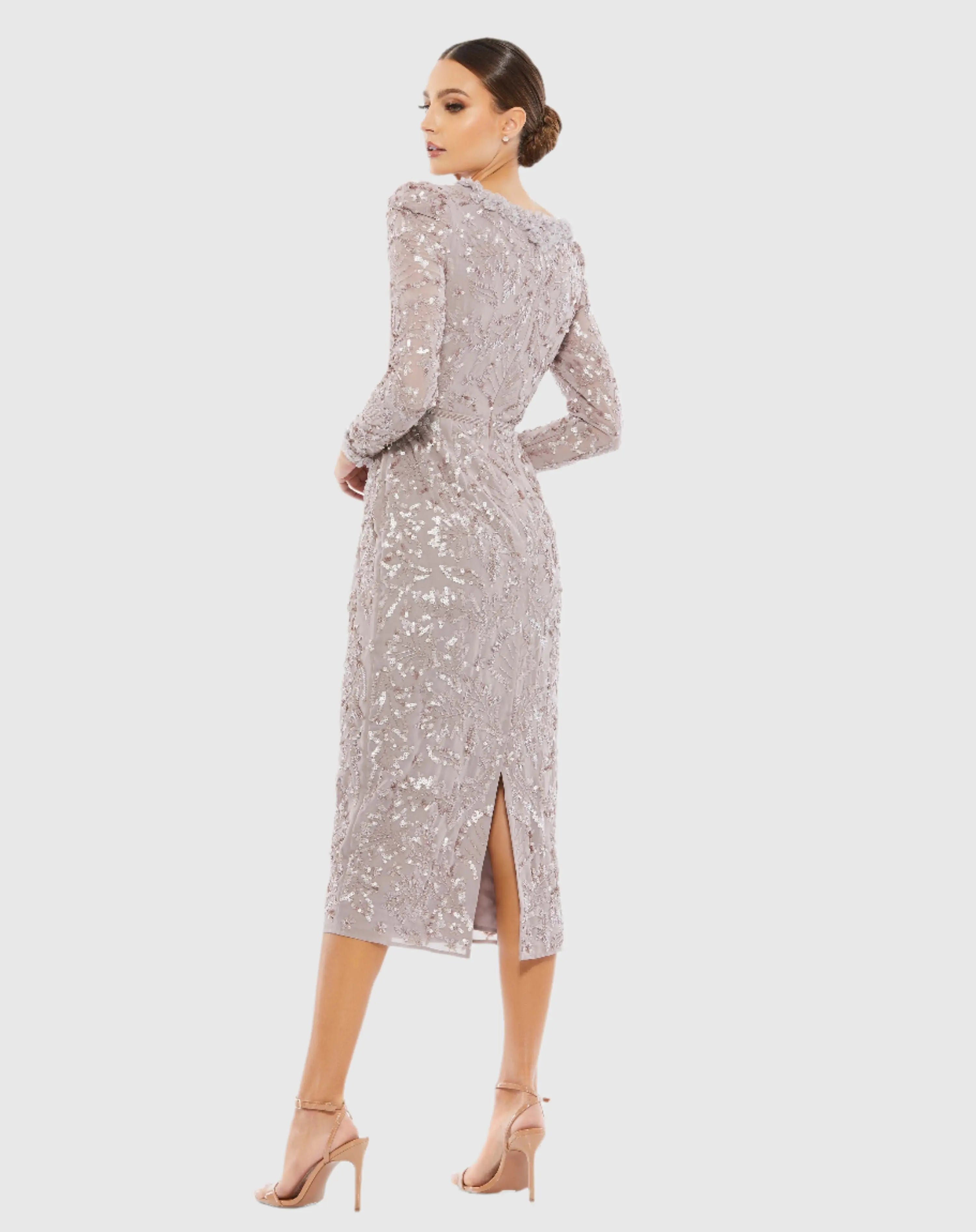 Light Purple Embellished High Neck Puff Sleeve Midi Sheath Dress