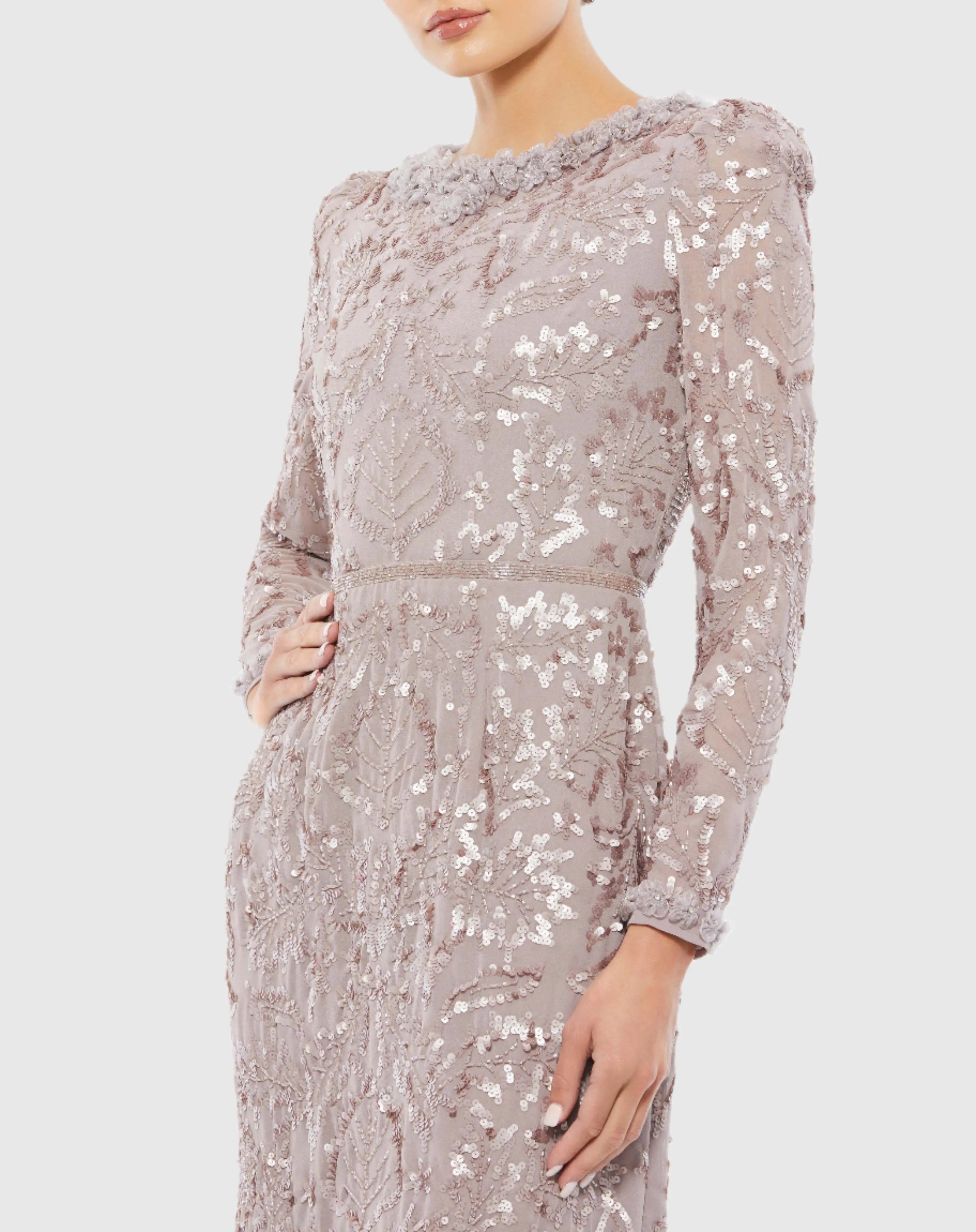 Light Purple Embellished High Neck Puff Sleeve Midi Sheath Dress