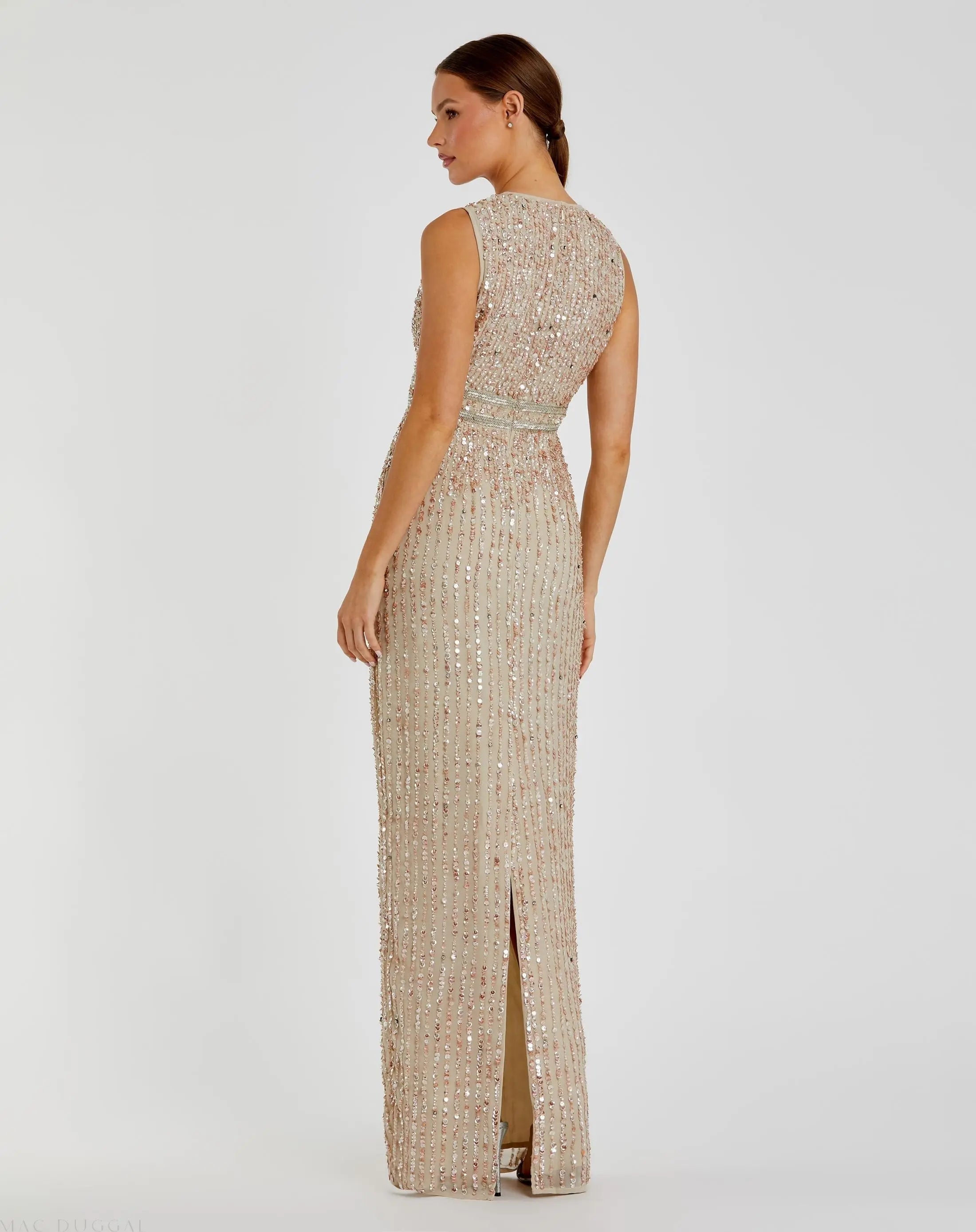 Beige Sequined High Neck Sleeveless Column Gown