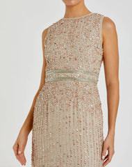Beige Sequined High Neck Sleeveless Column Gown