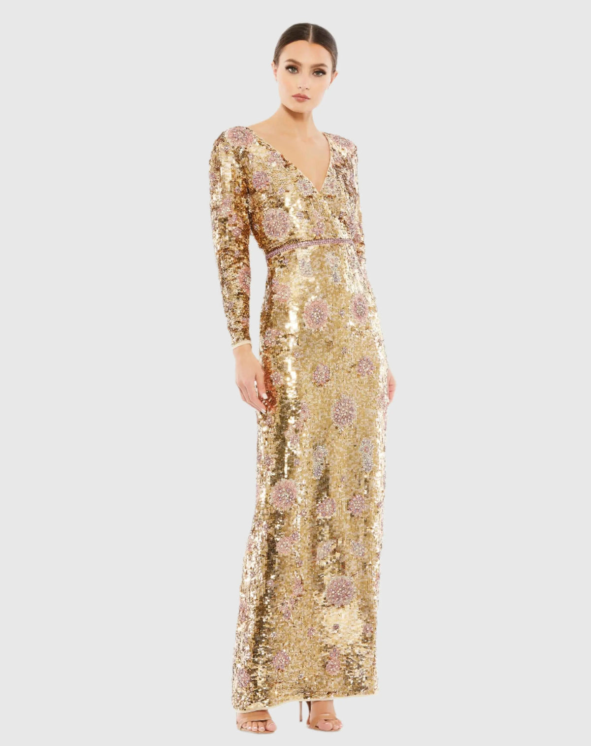 Gold Embellished Wrap Over Long Sleeve Column Gown