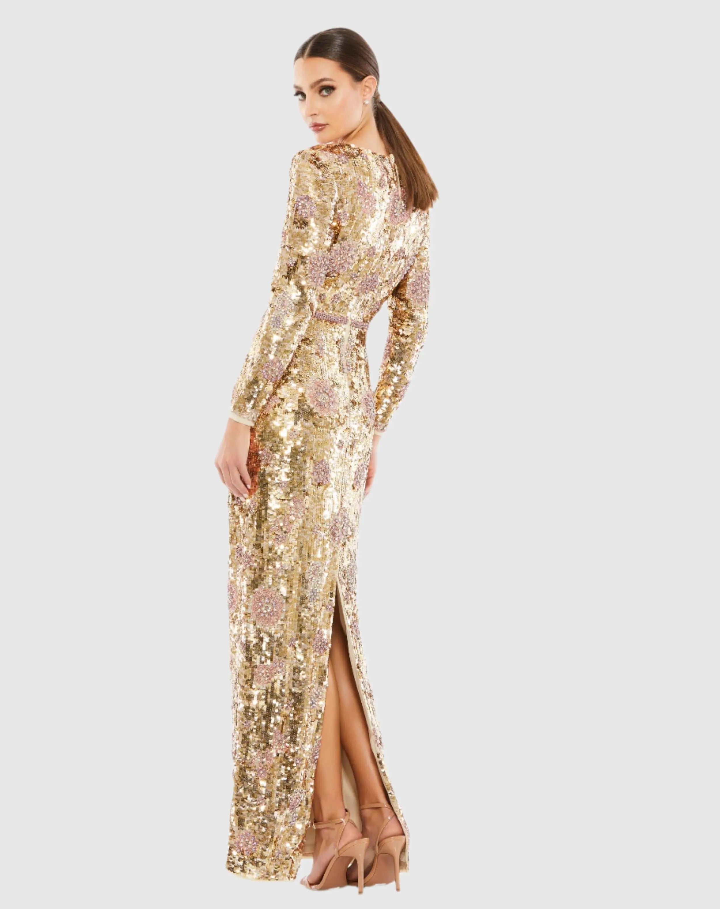 Gold Embellished Wrap Over Long Sleeve Column Gown