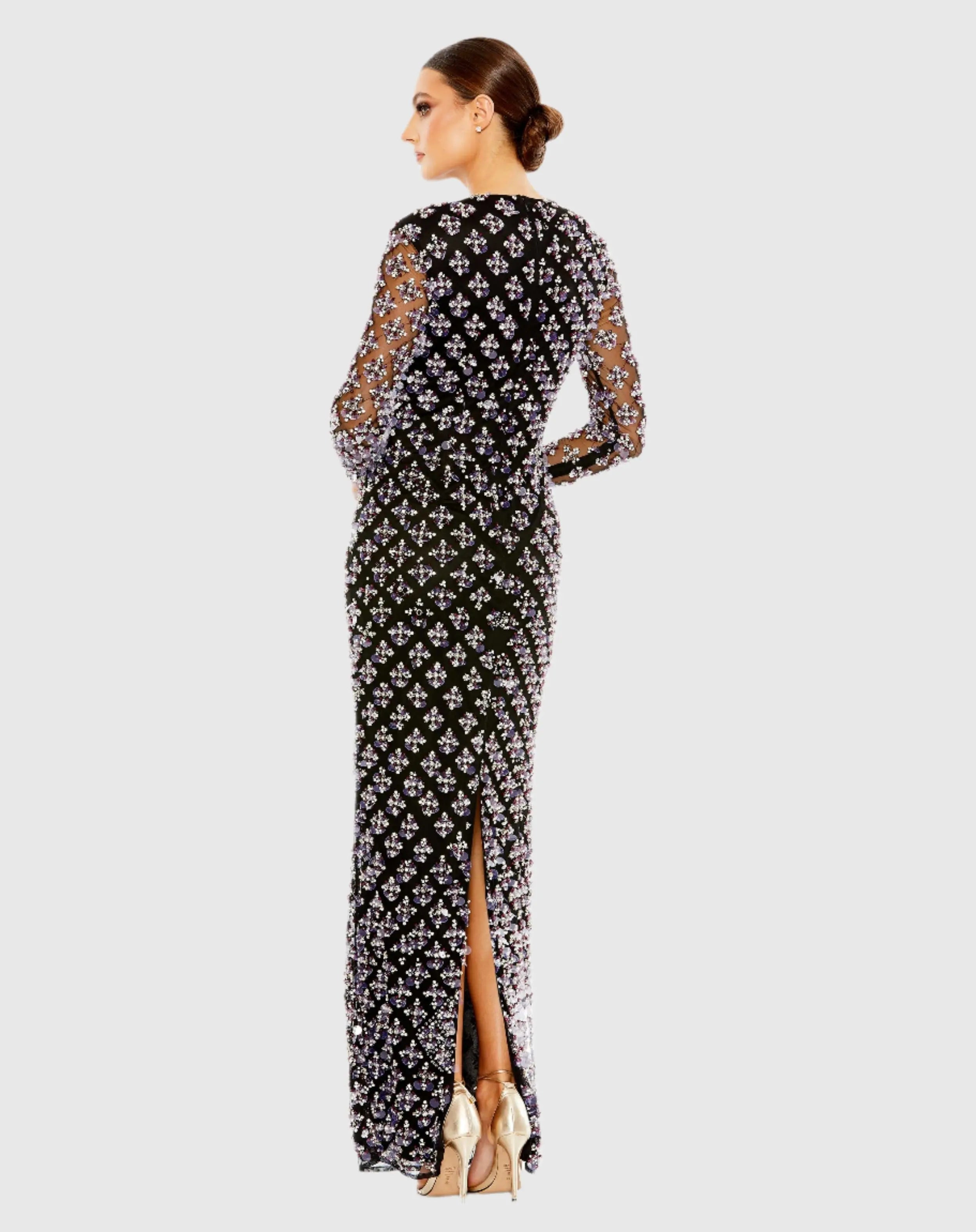 Black Long Sleeve Hand Beaded Crystal Rhinestone Gown