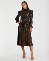 Brown Long Sleeve Sequin Tea Length Dress