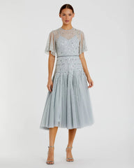 Cape Sleeve Beaded Tea Length A-line Dress