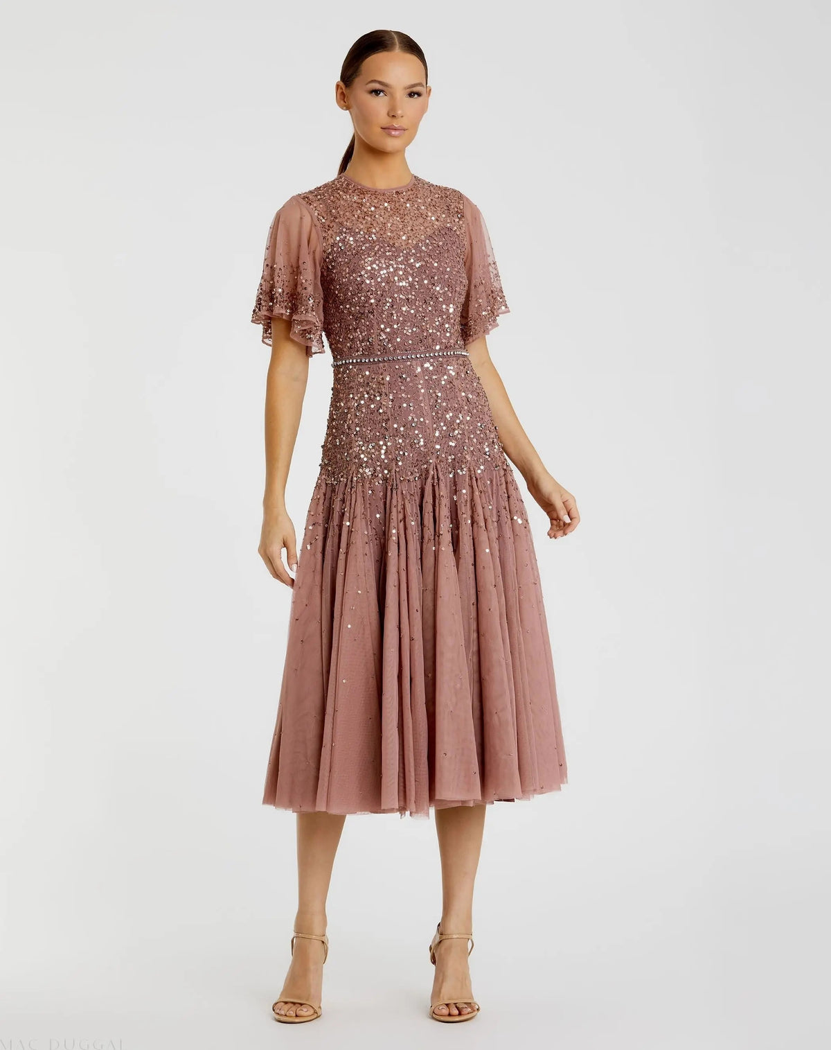 Pink Flutter Sleeve Beaded Tea Length Drop Waist Dress