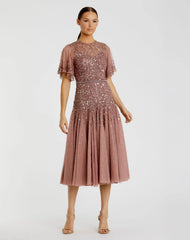 Pink Flutter Sleeve Beaded Tea Length Drop Waist Dress