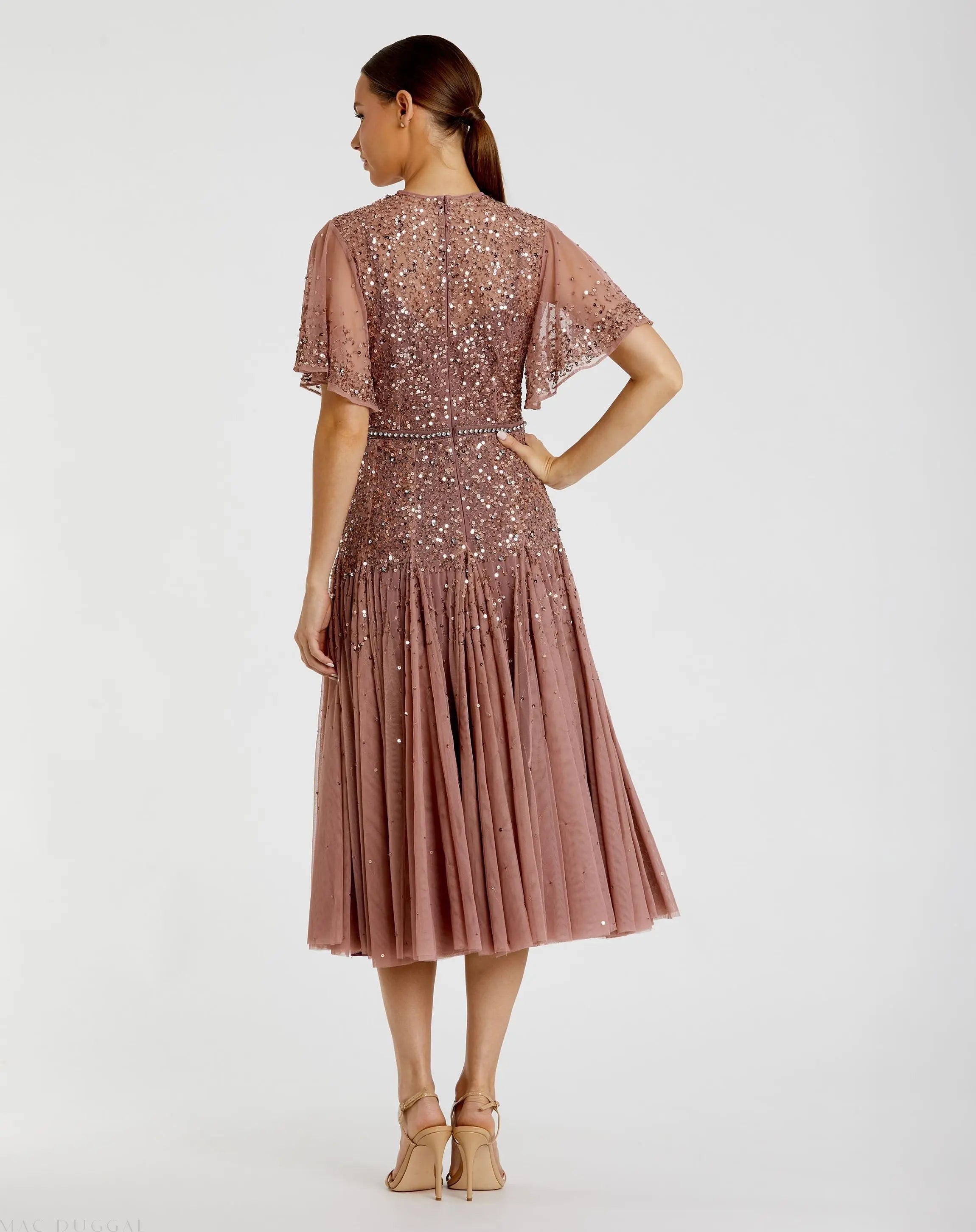 Pink Flutter Sleeve Beaded Tea Length Drop Waist Dress