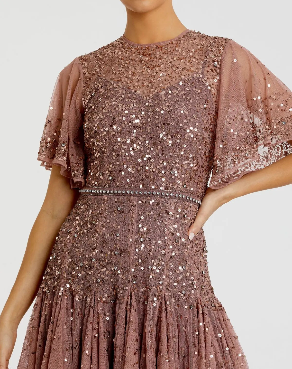 Pink Flutter Sleeve Beaded Tea Length Drop Waist Dress