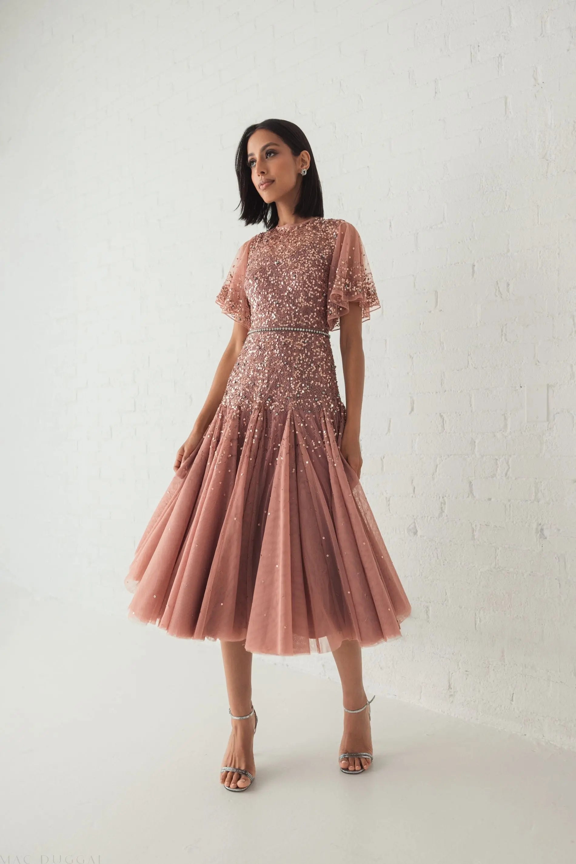 Pink Flutter Sleeve Beaded Tea Length Drop Waist Dress