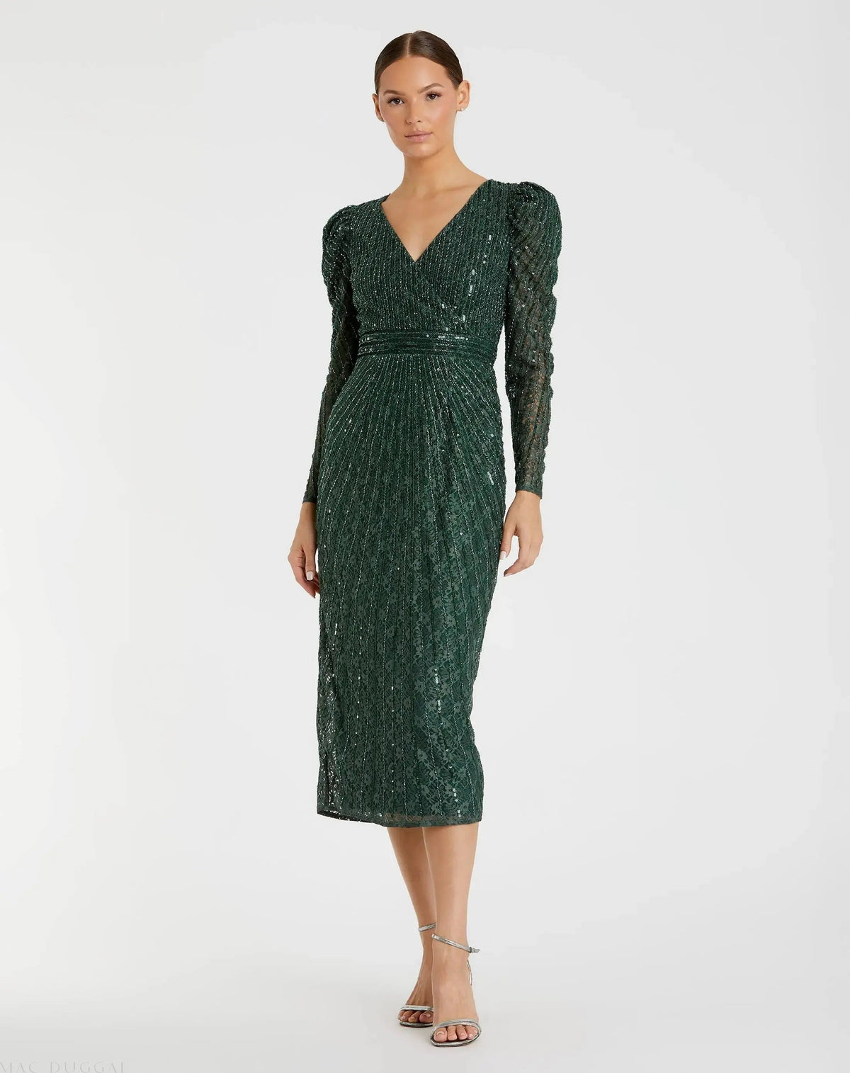 Green Beaded Lace Long Sleeve Midi Dress