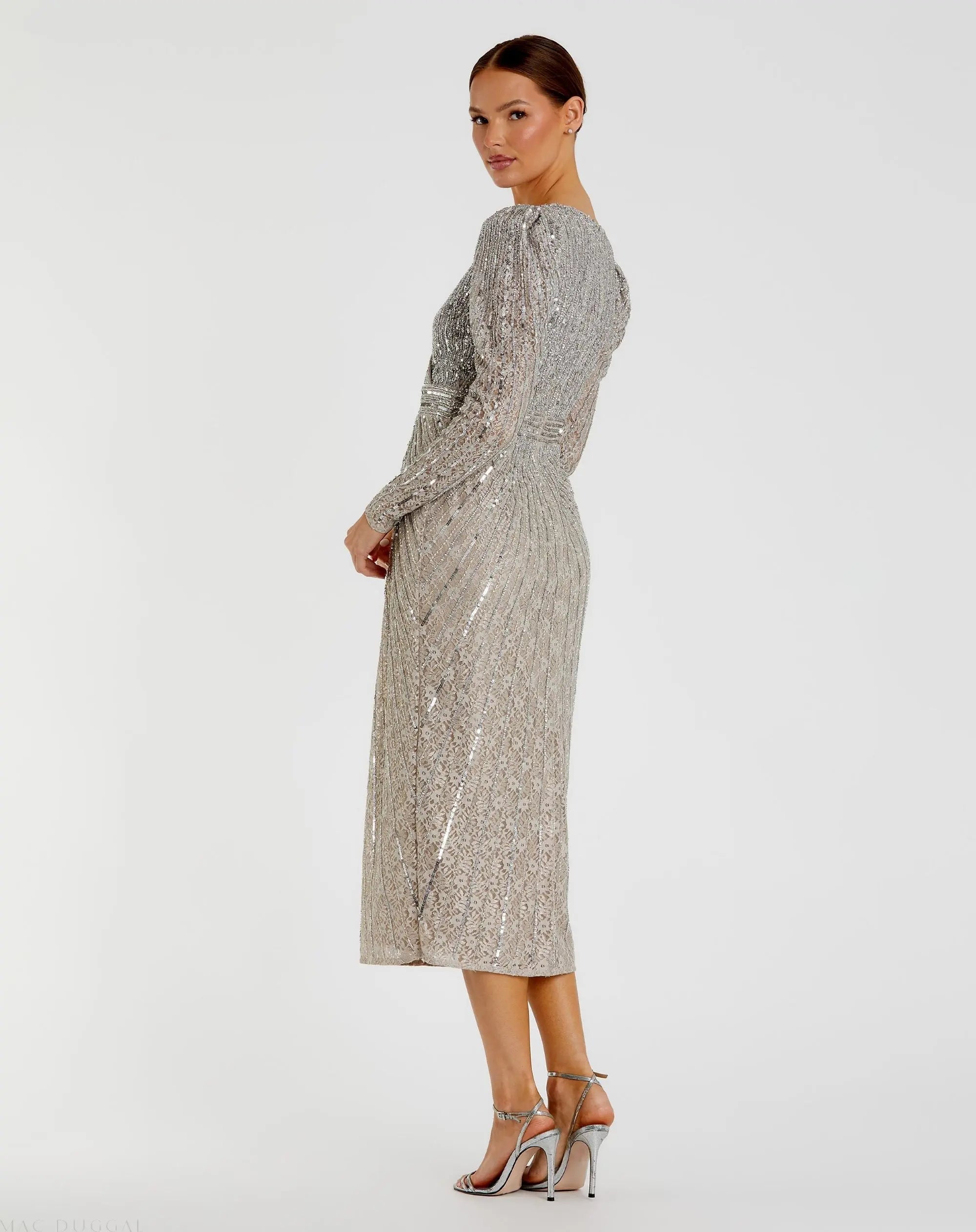 Silver Beaded Lace Long Sleeve Midi Dress
