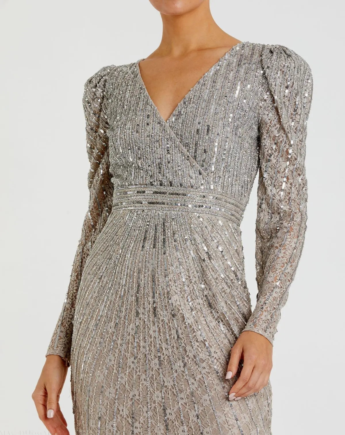 Silver Beaded Lace Long Sleeve Midi Dress