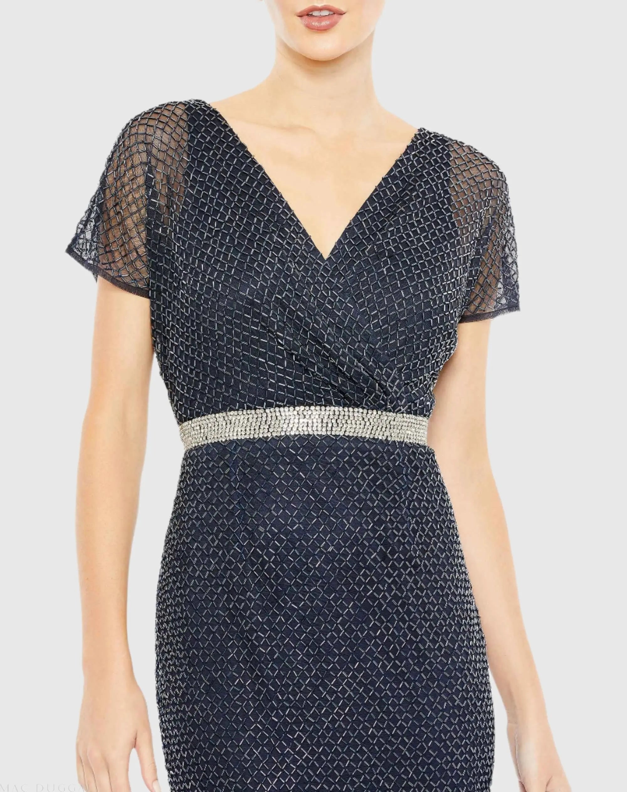 Navy Beaded Short Sleeve Column Gown