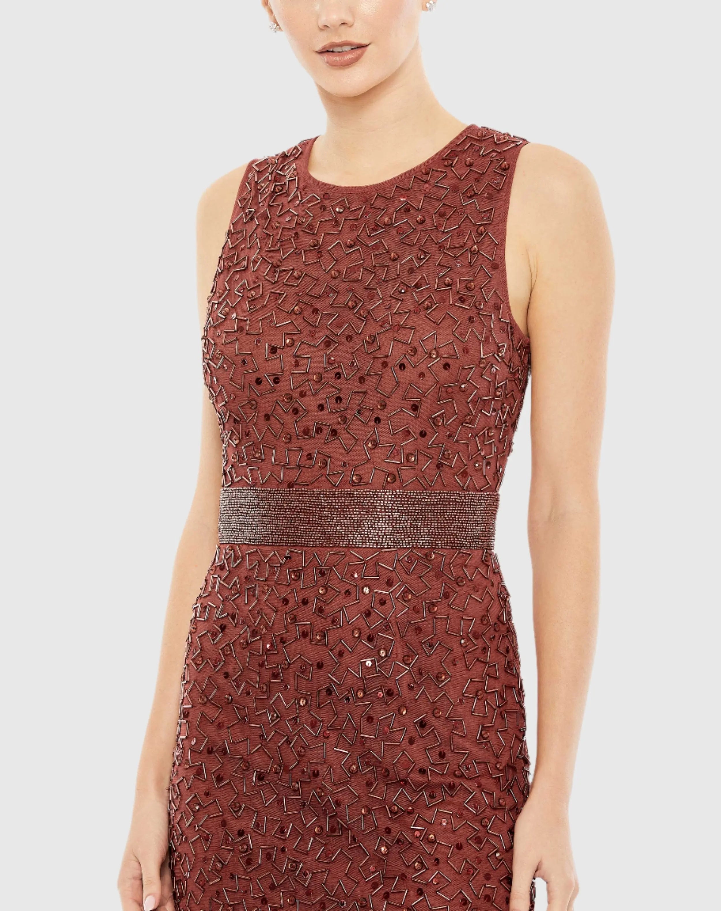 Red Geometric Embellished Sleeveless Sheath Dress