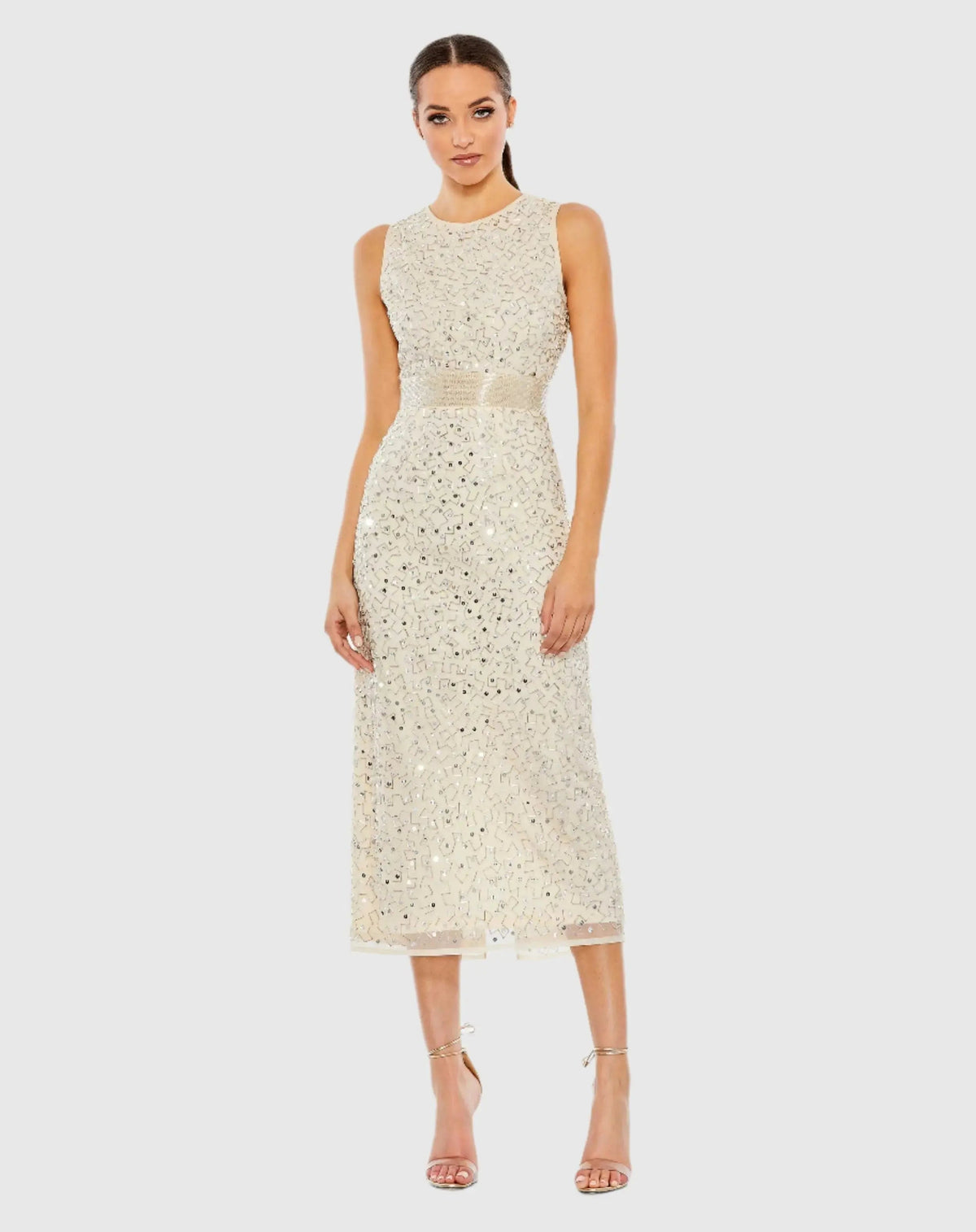 Beige Geometric Embellished Sleeveless Sheath Dress